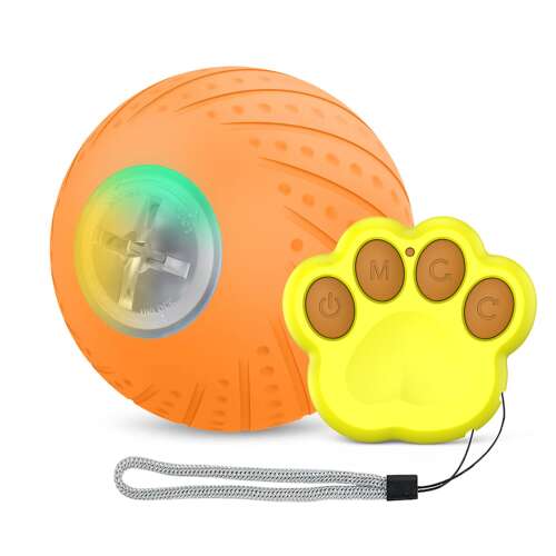 Jucarie inteligenta pentru animale ZEEVOS, minge interactiva cu telecomanda, rotire 360 grade, lumini LED, non toxic, incarcare usb, portocaliu