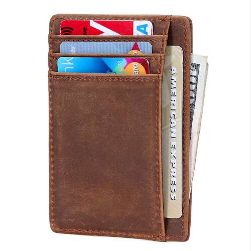 ZEEVOS brown leather RFID blocking minimalist wallet for men and women, with card slots and money pocket