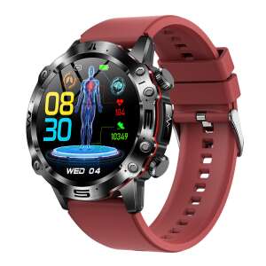 ZEEVOS smartwatch with red silicone strap, showing time, date, and heart rate - Smartwatch