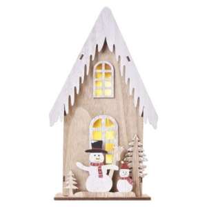 Wooden LED house Christmas decoration with snowmen, 28.5 cm, warm white light, timer - Christmas