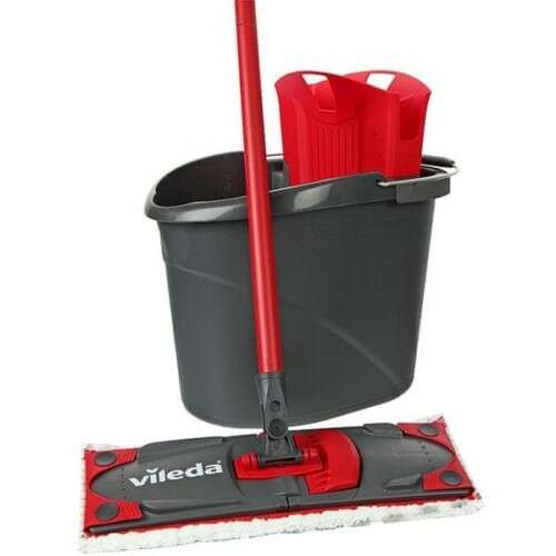 Vileda Ultramax mop set with bucket, red and gray, microfiber mop with wringer, easy cleaning