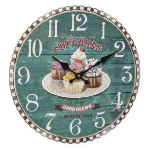 Ceas de perete vintage cu cupcake, cu fundal turcoaz și ace negre - TFA Ceasuri perete