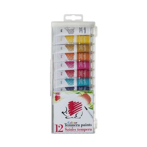 Ico Colour Tempera paints 12 colors set, 12 tubes of tempera paint in a plastic case