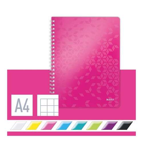 Leitz Wow A4 spiral notebook with pink cover and geometric pattern, showing size and color options
