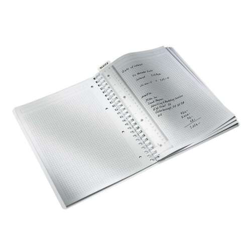 LEITZ Wow A4 grid notebook open, showing squared paper and ruler bookmark