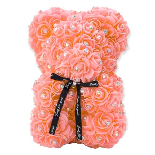 Rózsa maci barack színben, csillogó strasszkővel, 25 cm