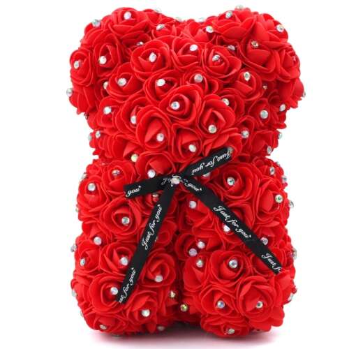 Piros rózsa maci csillogó strasszkővel, 25 cm, ajándék Valentin-napra