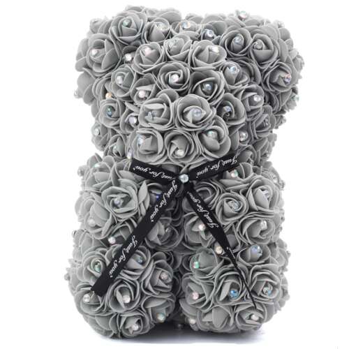 Szürke rózsa maci csillogó strasszkővel, 25 cm, egyedi ajándék ötlet
