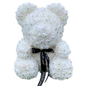 Fehér rózsa maci csillogó strasszkővel, 40 cm, tökéletes ajándék Valentin-napra, születésnapra, évfordulóra, esküvőre, anyák napjára, baba születésére, baba zsúrra, karácsonyra, ballagásra, vagy bármilyen más különleges alkalomra - Ajándék ötlet Valentin-napra
