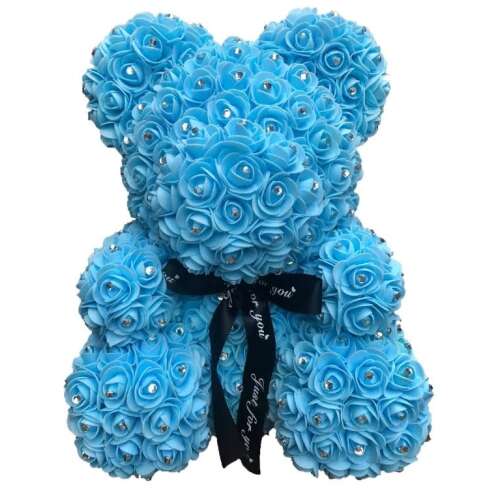 Kék rózsamaci csillogó strasszkővel, 40 cm, tökéletes ajándék Valentin-napra, születésnapra, évfordulóra, esküvőre