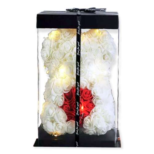Rózsa maci LED világítással 25cm díszdobozban - fehér-piros