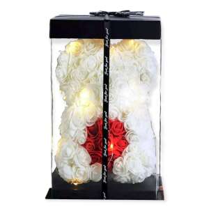Fehér és piros rózsából készült maci LED világítással, 25cm, tökéletes Valentin-napra, születésnapra vagy évfordulóra - Ajándék ötlet Valentin-napra