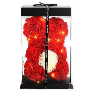 Rózsa maci LED világítással 25cm díszdobozban - piros-fehér 38581279 Ajándék ötletek Valentin-napra