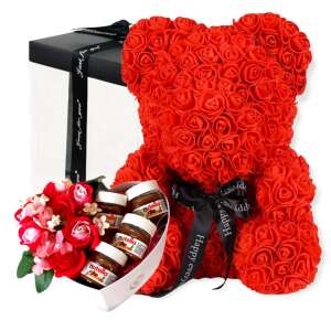 Rózsa maci díszdobozban 40 cm - piros + szív desszert doboz szappanrózsával és mini Nutella-val 38581289 Ajándék ötletek Valentin-napra