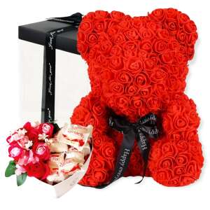 Rózsa maci díszdobozban 40 cm - piros + szív desszert doboz szappanrózsával és Raffaello-val 38581290 Ajándék ötletek Valentin-napra
