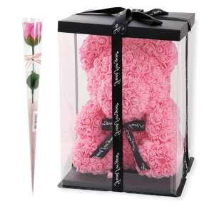 Rózsa maci ajándékdobozban, 40 cm, egy szál szappan rózsával - Ajándék ötlet Valentin-napra