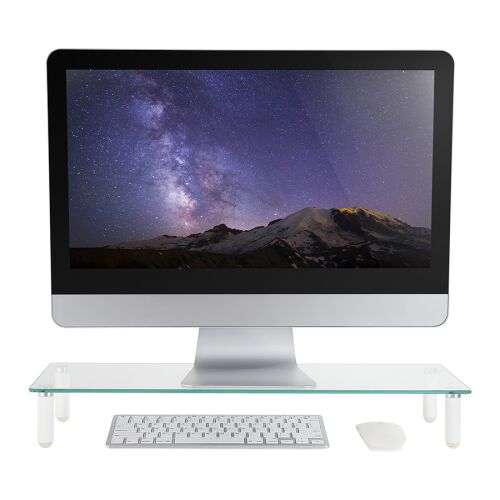 Stell SOS 5010 Monitorständer aus Glas in Verwendung mit Monitor, Tastatur und Maus
