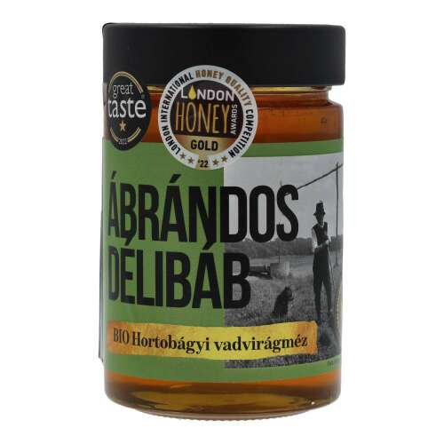 450g-os Abrándos Delibab Bio Hortobágyi Vadvirágméz üveg, aranyérmes a 2022-es Londoni Mézversenyen