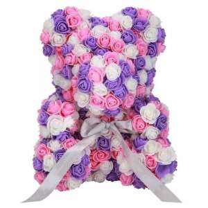 40 cm rózsaszín, lila és fehér rózsából készült maci, kézzel készített, ajándékdobozban, egyedi, örök ajándék - Ajándék ötlet Valentin-napra