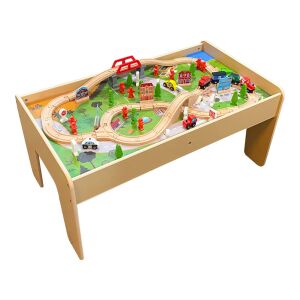 Timeless Tools wooden train table set complete view - Train, rail element, motorway