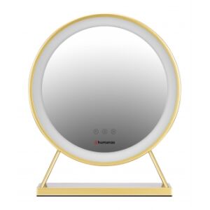 Humanas HM04 gold LED makeup mirror, front view with illuminated LED - Cosmetic Mirror