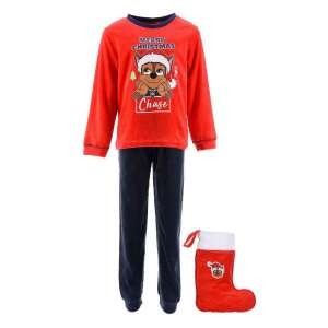 Pijamale de Crăciun Nickelodeon Paw Patrol pentru băieți, tricou roșu cu mânecă lungă cu imprimeu Chase, pantaloni bleumarin și o șosetă de Crăciun asortată - Nickelodeon Pijamale pentru copii, cămăși de noapte