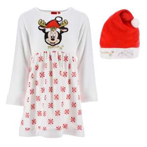 Rochie de Crăciun Disney Minnie Mouse cu model de ren și fulgi de nea, albă cu detalii roșii, mâneci lungi, include o pălărie de Moș Crăciun - Modă și îmbrăcăminte