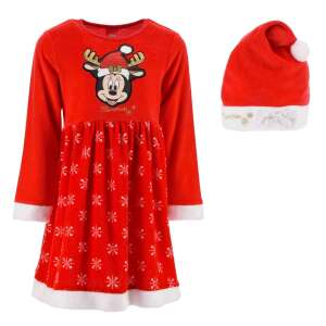 Rochie de Crăciun Disney Minnie Mouse cu model de ren și fulgi de nea, roșie cu accente aurii, include o pălărie de Moș Crăciun asortată - Modă și îmbrăcăminte