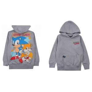 Sonic the Hedgehog grauer Kapuzenpullover für Kinder, mit Sonic und Tails Figuren auf der Rückseite und Sonic Adventure Logo auf der Vorderseite - Pullover für Kinder