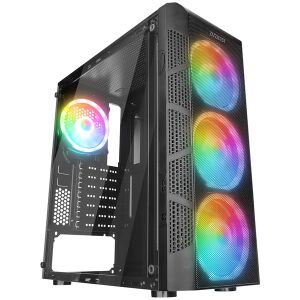 Angled view of Everest PLAID V1 Black ATX PC Case with RGB lighting - Computer Case