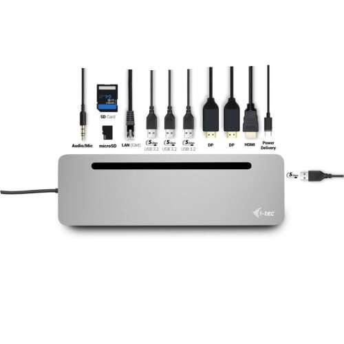i-tec C31FLAT2PDPRO Stacja dokująca USB-C z zasilaniem, srebrna, pokazująca wszystkie porty i połączenia