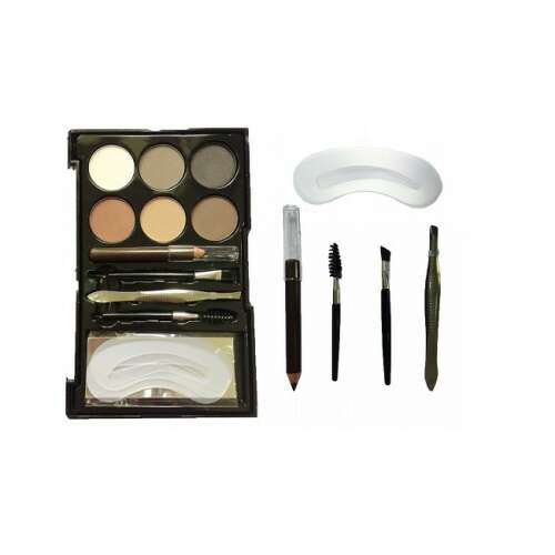 For Me Only eyebrow makeup kit with 6 eyeshadows, eyebrow stencils, angled brush, spoolie brush, tweezers, and eyebrow pencil