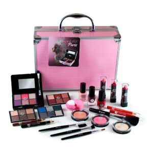 Born to be Pink Paris makeup set with pink carrying case, eyeshadow palettes, lipsticks, nail polish, and brushes - Vanity Table, Makeup Set, Fragrance