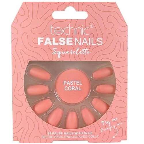Technic False Nails Squareletto Pastellkoralle 24 Stück Set mit Kleber