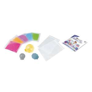 Buki Mini Lab Pattogó Labda Készlet tartalma, színes homok, átlátszó zacskók, formák és útmutató - Pattogó labda