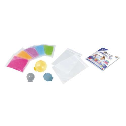 Buki Mini Lab Pattogó Labda Készlet tartalma, színes homok, átlátszó zacskók, formák és útmutató