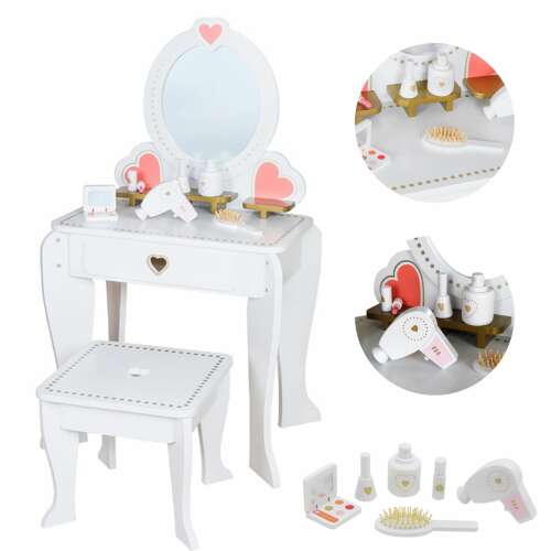 Pepita Holzspielzeug Schminktisch mit Zubehör #weiß, weißer Holz-Schminktisch für Kinder mit Spiegel, Hocker und Zubehör