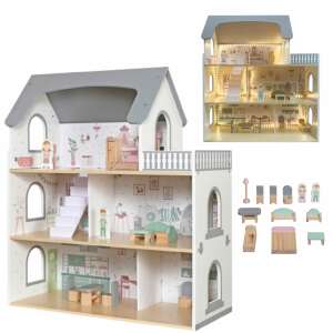Pepita 3-етажна дървена къща за кукли с LED осветление #сиво-бяло