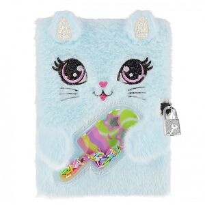 Cicás szőrmés napló - Nyalókás, világoskék szőrmés napló cica mintával és nyalókával, tökéletes gyerekeknek - Napló