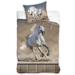 Lovas ágyneműhuzat szett 140x200 cm vágtázó fehér lóval és kockás mintával - Carbotex