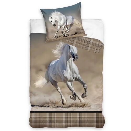 Lovas ágyneműhuzat szett 140x200 cm vágtázó fehér lóval és kockás mintával