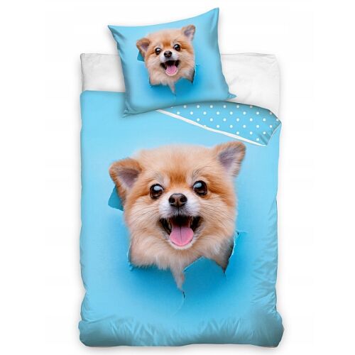 Vidám Kutyás világoskék ágynemű szett 140x200 cm aranyos kutyás mintával