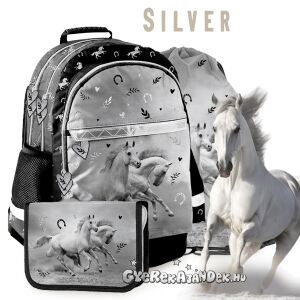 Paso Ezüst Lovas Iskolatáska Szett lányoknak, hátizsákkal, tolltartóval és tornazsákkal - Paso