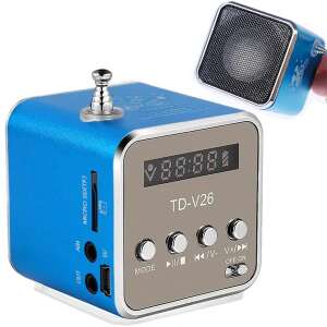 TD-V26 Mini Bluetooth rádiós hangszóró FM rádióval, Micro SD kártyahely, USB bemenet, AUX bemenet, LCD kijelző, kék - Rádió