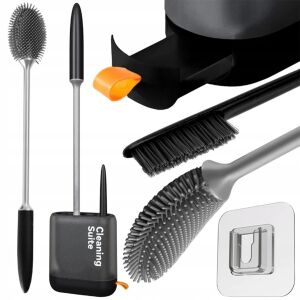 Két részes fekete szilikon WC kefe készlet tartóval és tisztító tartozékokkal - WC kefe & tartó