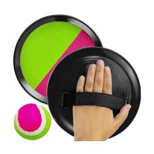 Velcro-Fangspiel-Set mit zwei schwarzen Schlägern und einem grün-pinken Ball - Outdoorspiele