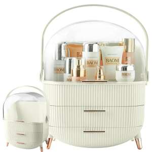 White cosmetic organizer with two drawers and a clear lid, featuring a gold handle and legs - Cosmetic Organizer