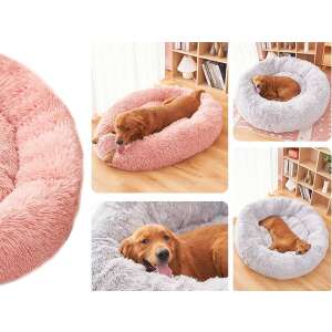 Pink plush dog bed with a dog laying in it, showing different angles and sizes - Dog Bed