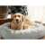 Grey plush dog bed with a large golden retriever dog lying in it