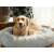 Grey plush dog bed with a large golden retriever dog lying in it